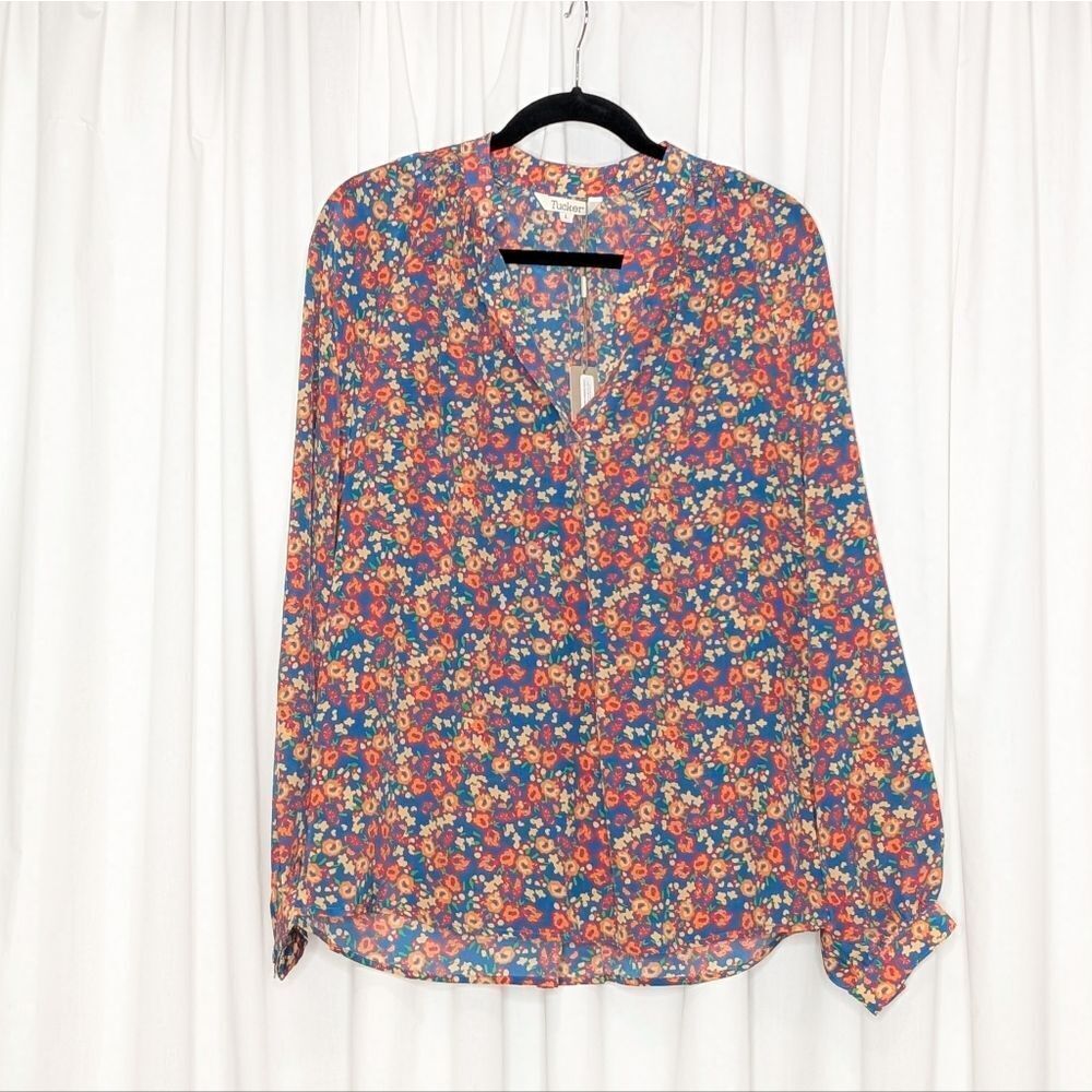 Tucker NYC Long Sleeve Polo Blouse Blue Sweet Pea in Crepe de Chine Silk Top